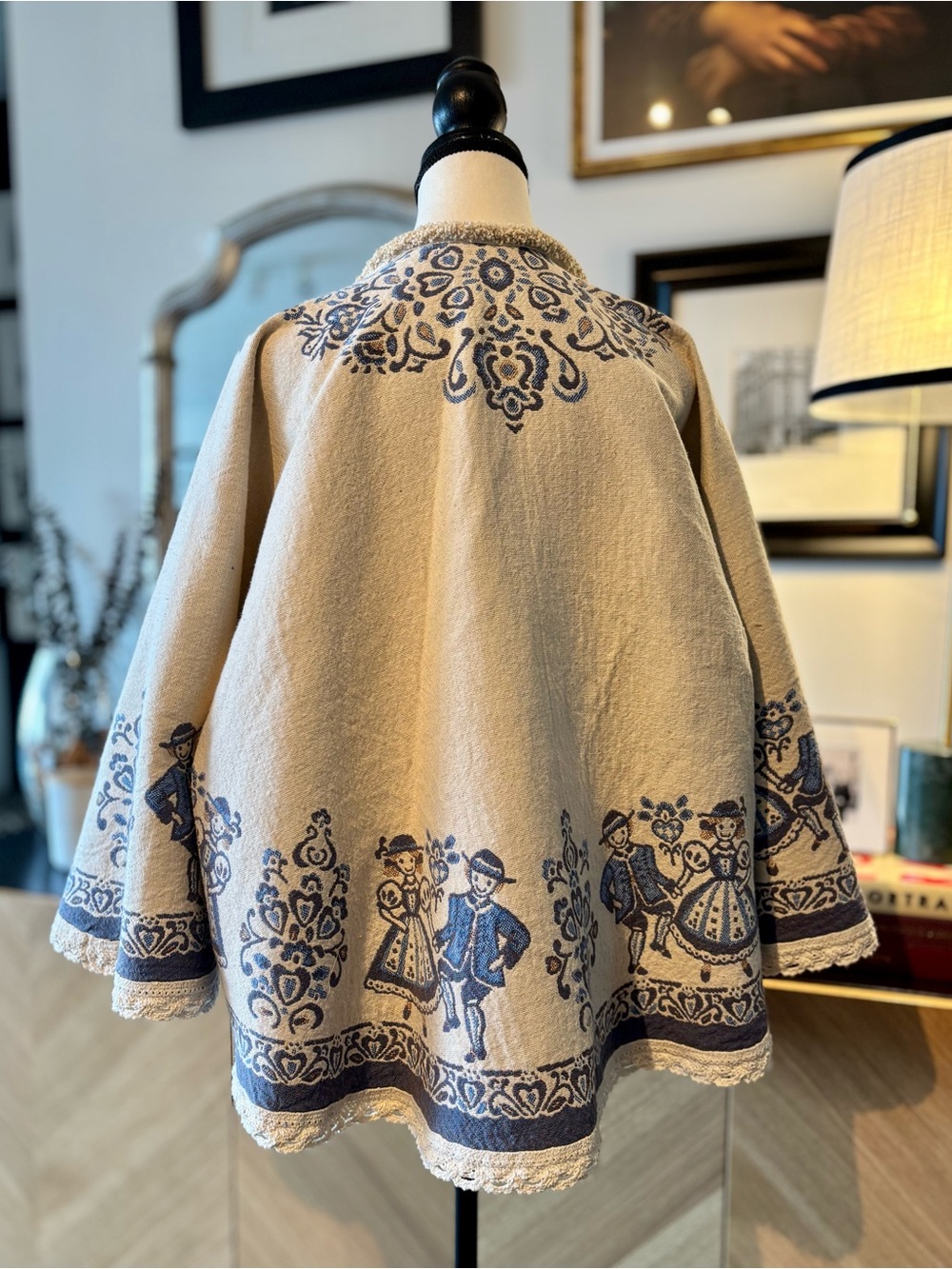 🧵 HANDMADE Embroidered Cream & Blue Boho Kimono Linen Blend Jacket O/S - Picture 5 of 15